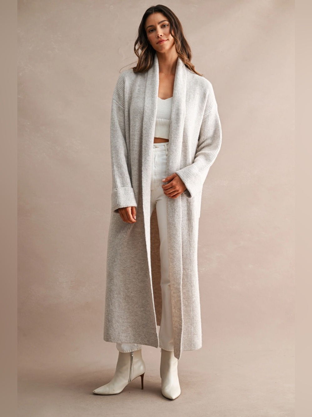 NWT Long Open-Front Ribbed Duster Cardigan with Pockets - Light Taupe, Fall Look
